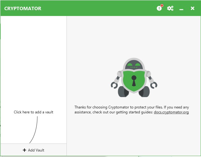 The main Cryptomator screen is pretty self explanatory.